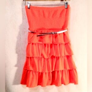 Orange Strapless Ruffle Dress with Belt